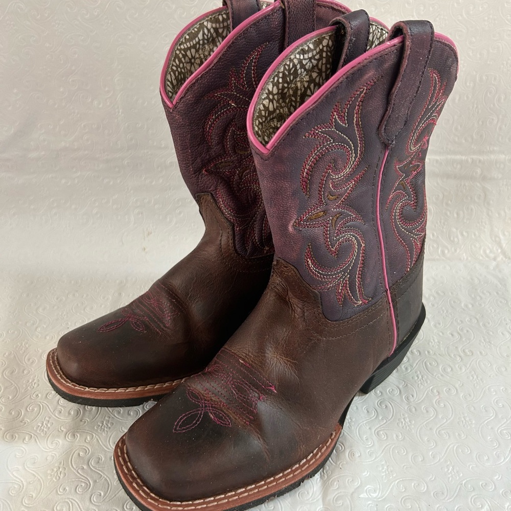 Children’s Dan Post Majesty Western Boots Brown Leather Pink Trim Size 2D
